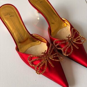 Giuseppe Zanotti Red Satin Heels with Gold Crystal Bow